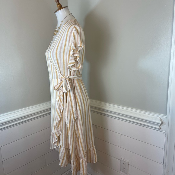 Rails Brigitte Amber & Light Rose Linen Blend Striped Wrap Dress L FREE SHIP - Picture 2 of 5
